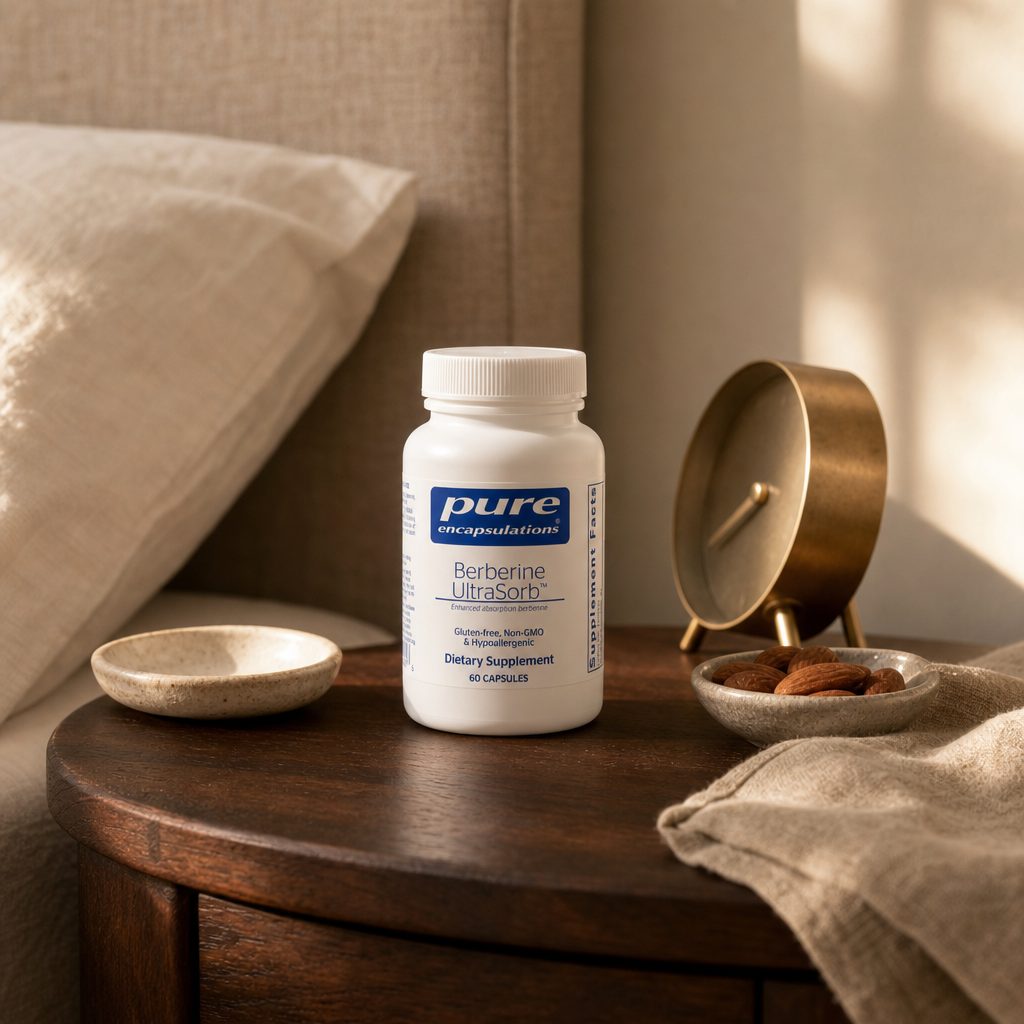 Pure Encapsulations Berberine UltraSorb bottle beside capsules on a clean countertop