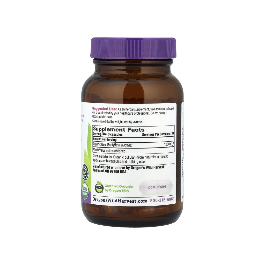Oregon's Wild Harvest Beet Root Capsules supplement facts panel listing ingredients and serving size