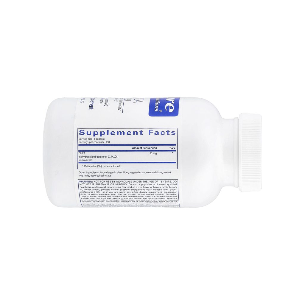 Pure Encapsulations DHEA 10 mg supplement facts panel listing dosage, ingredients, and serving size