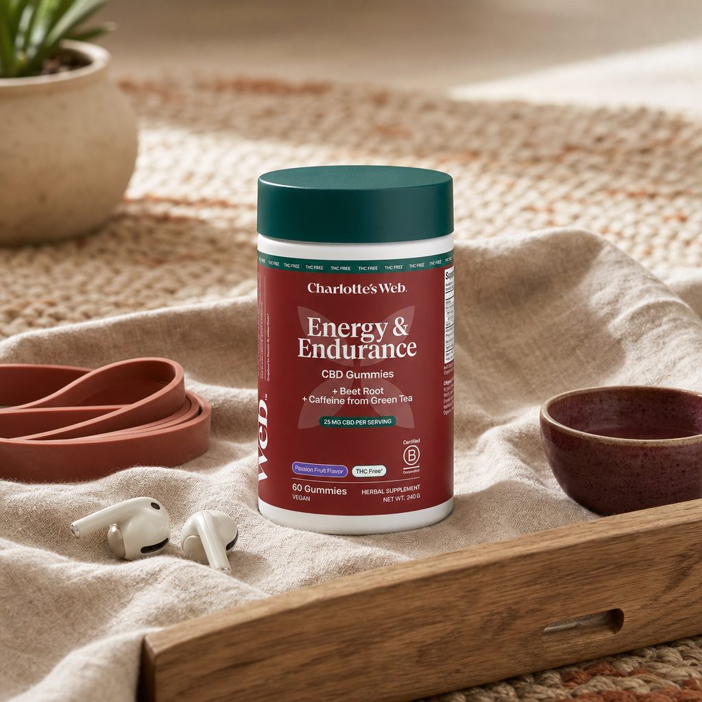 Charlotte's Web Energy & Endurance CBD Gummies in a wellness lifestyle scene