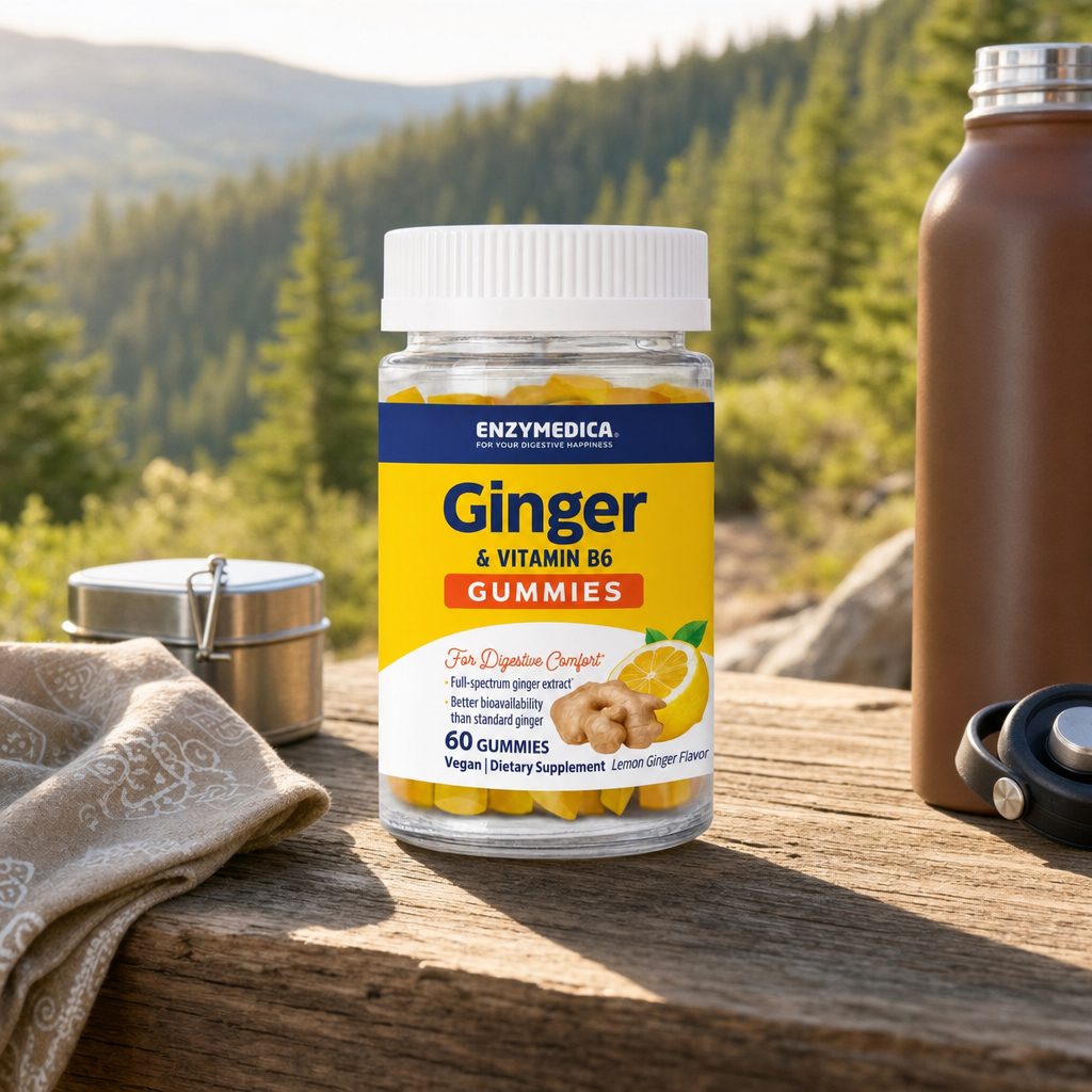 Enzymedica Ginger & Vitamin B6 Gummies bottle with lemon flavor callouts