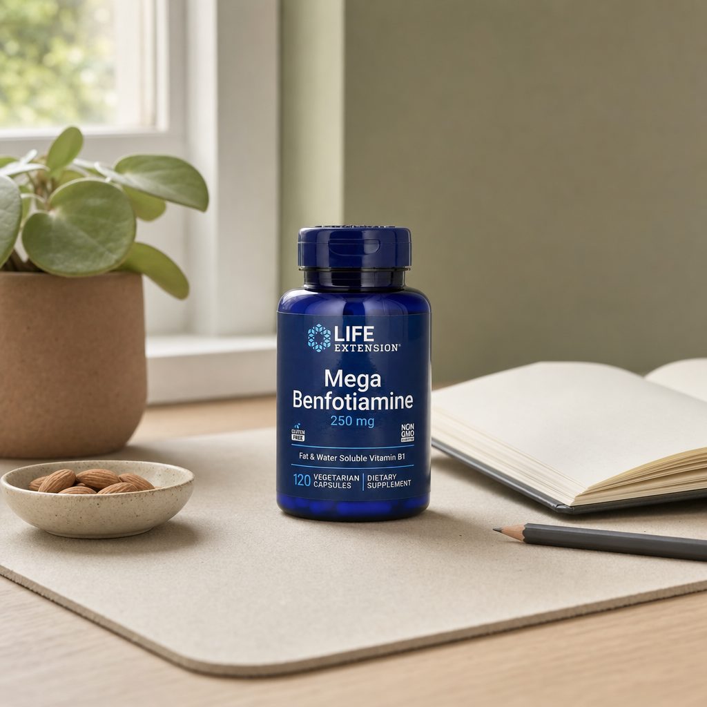 Life Extension Mega Benfotiamine 250 mg bottle displayed with daily supplement routine