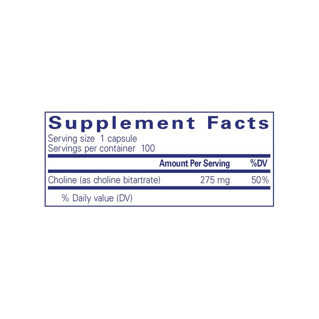 Pure Encapsulations Choline supplement facts panel listing ingredients, dosage, and serving size
