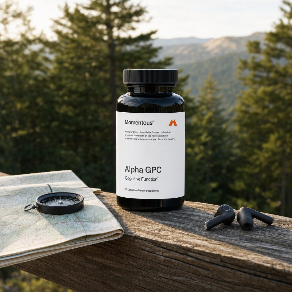 Momentous Alpha GPC Capsules benefits graphic with icons and bottle