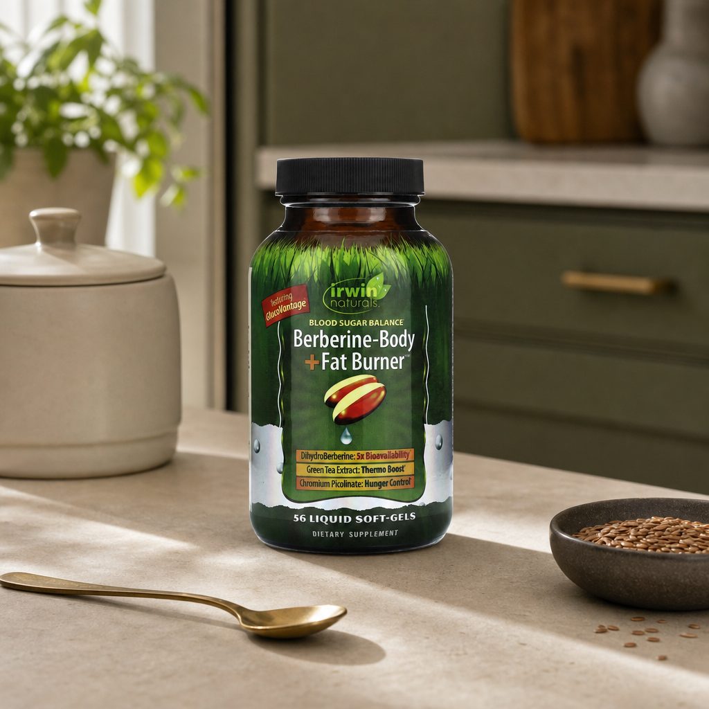 Irwin Naturals Blood Sugar Balance Berberine-Body + Fat Burner bottle with formula highlights