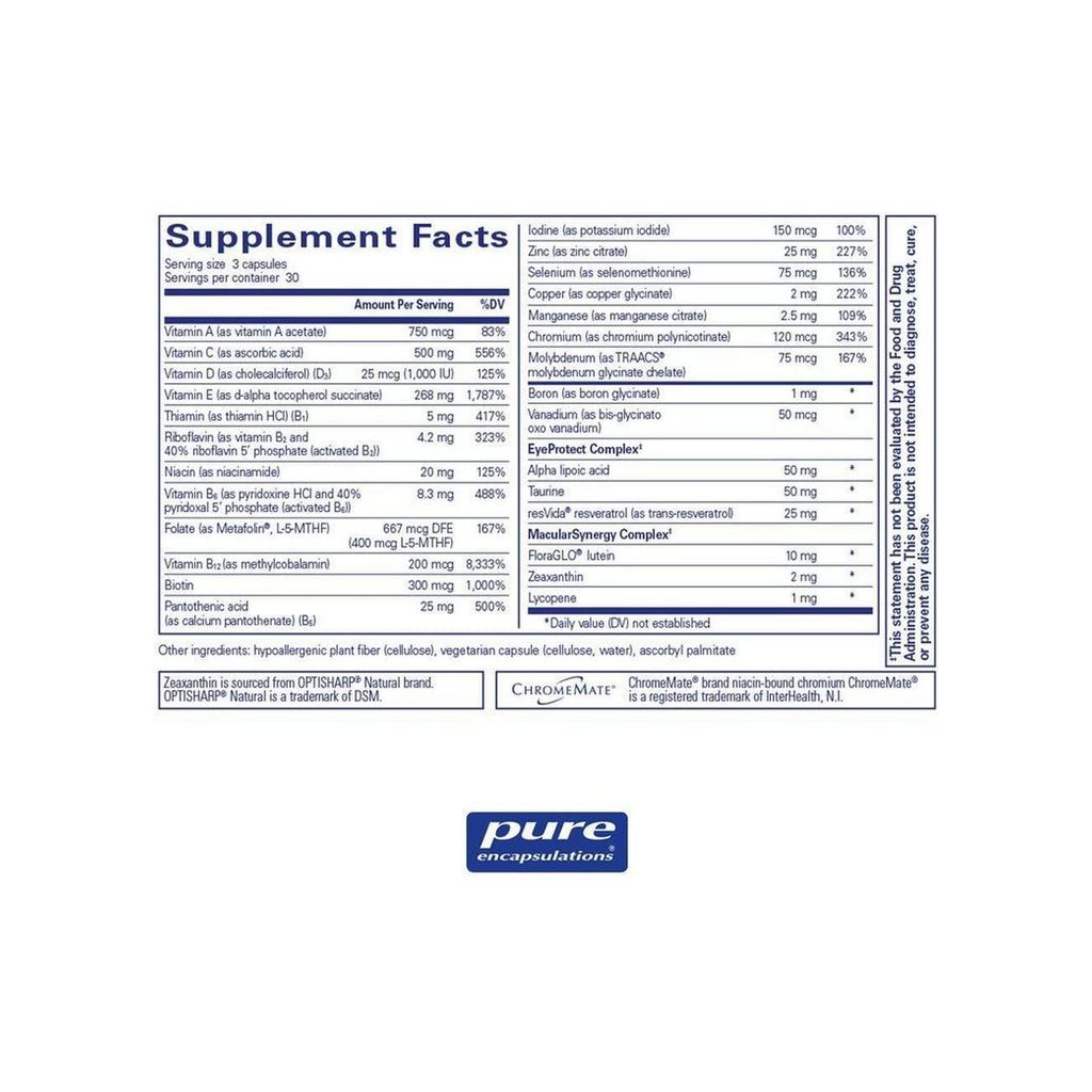 Pure Encapsulations VisionPro Nutrients supplement facts panel listing ingredients and serving size