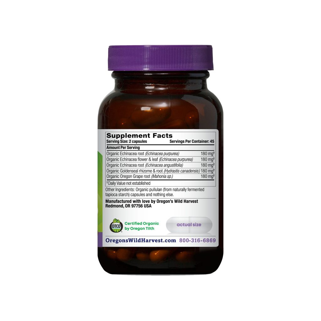 Oregon's Wild Harvest Echinacea Goldenseal allergen panel noting no gluten, dairy, or soy