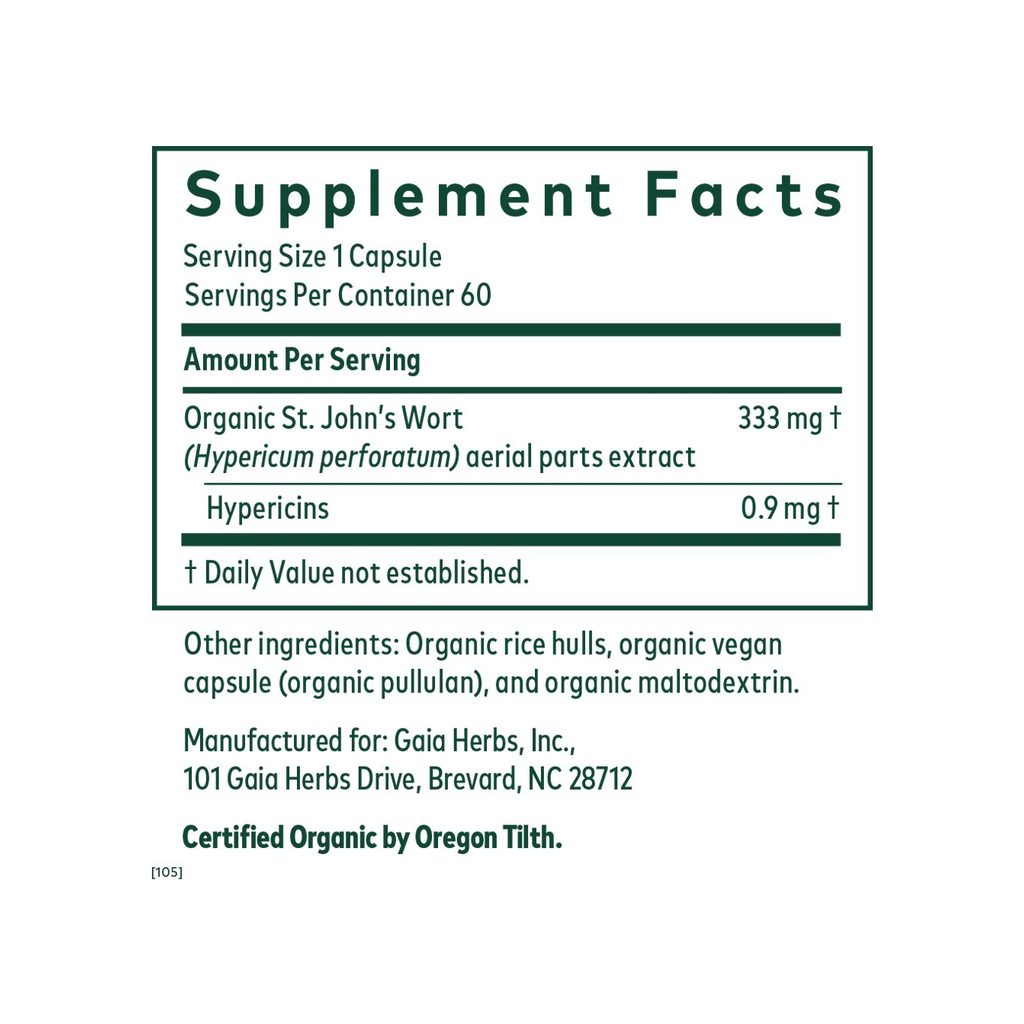 Gaia Herbs Professional St. John's Wort supplement facts panel listing ingredients and serving size