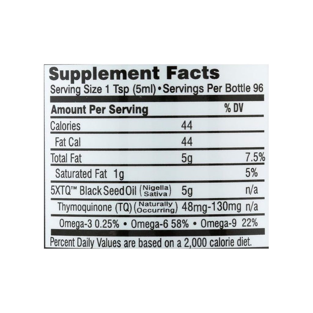 Amazing Herbs Black Seed Oil 16 oz supplement facts panel listing ingredients and serving size