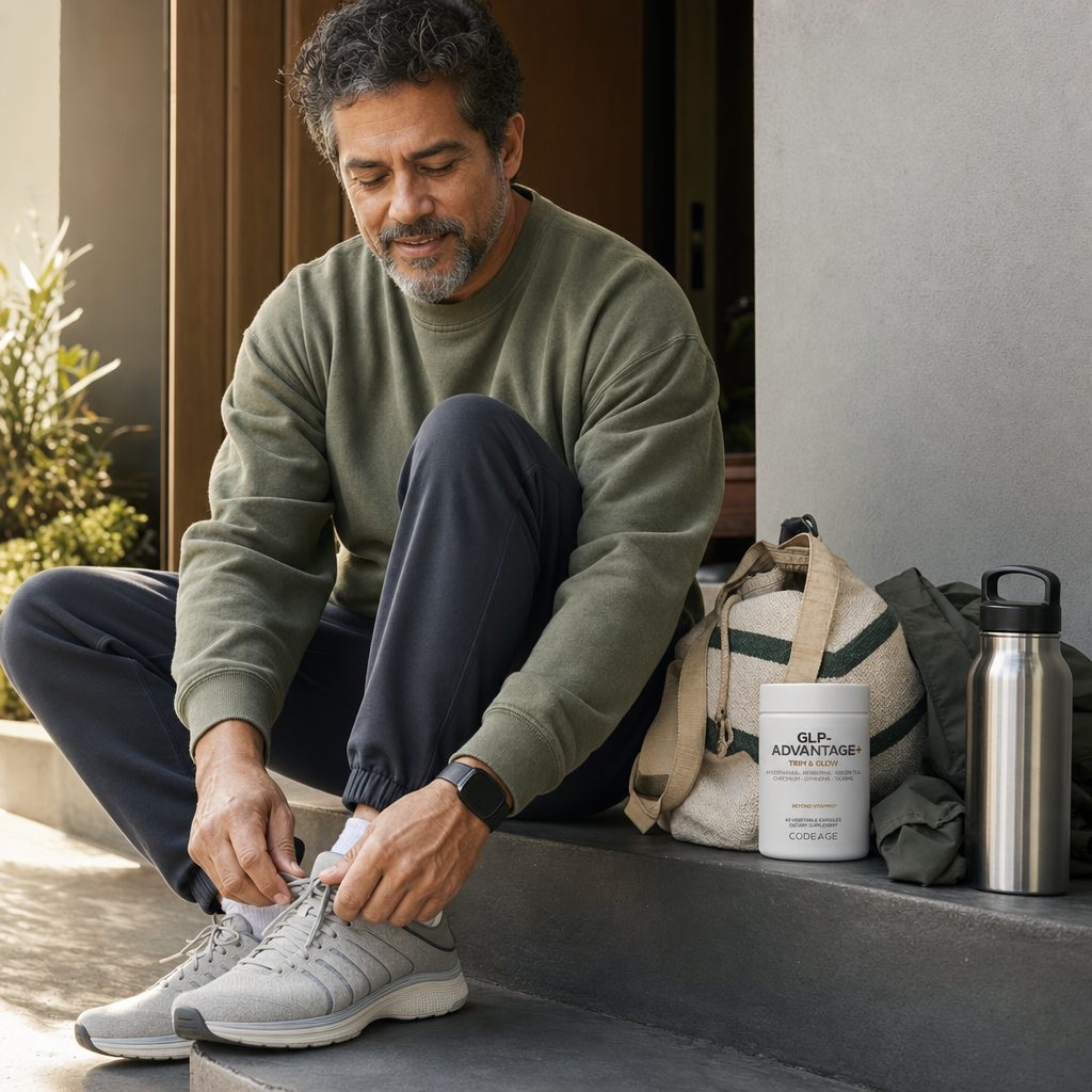 Latino man in his 50s lacing walking shoes on a concrete entryway with the Codeage GLP-Advantage+ Trim & Glow bottle on the s