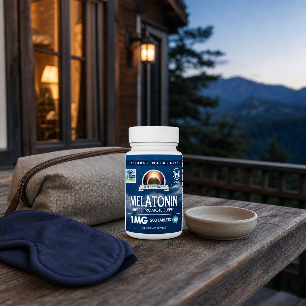 Source Naturals Sleep Science Melatonin 1 mg bottle on a bedside table with a lamp