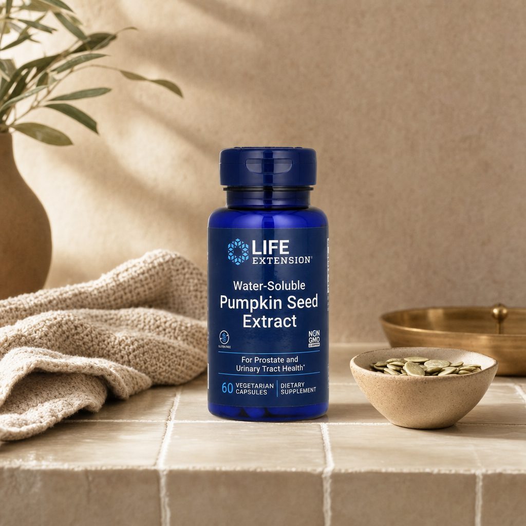 Life Extension Water-Soluble Pumpkin Seed Extract bottle on a bathroom counter