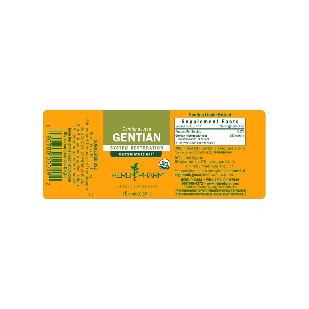 Herb Pharm Gentian supplement facts panel listing ingredients, dosage, and serving size