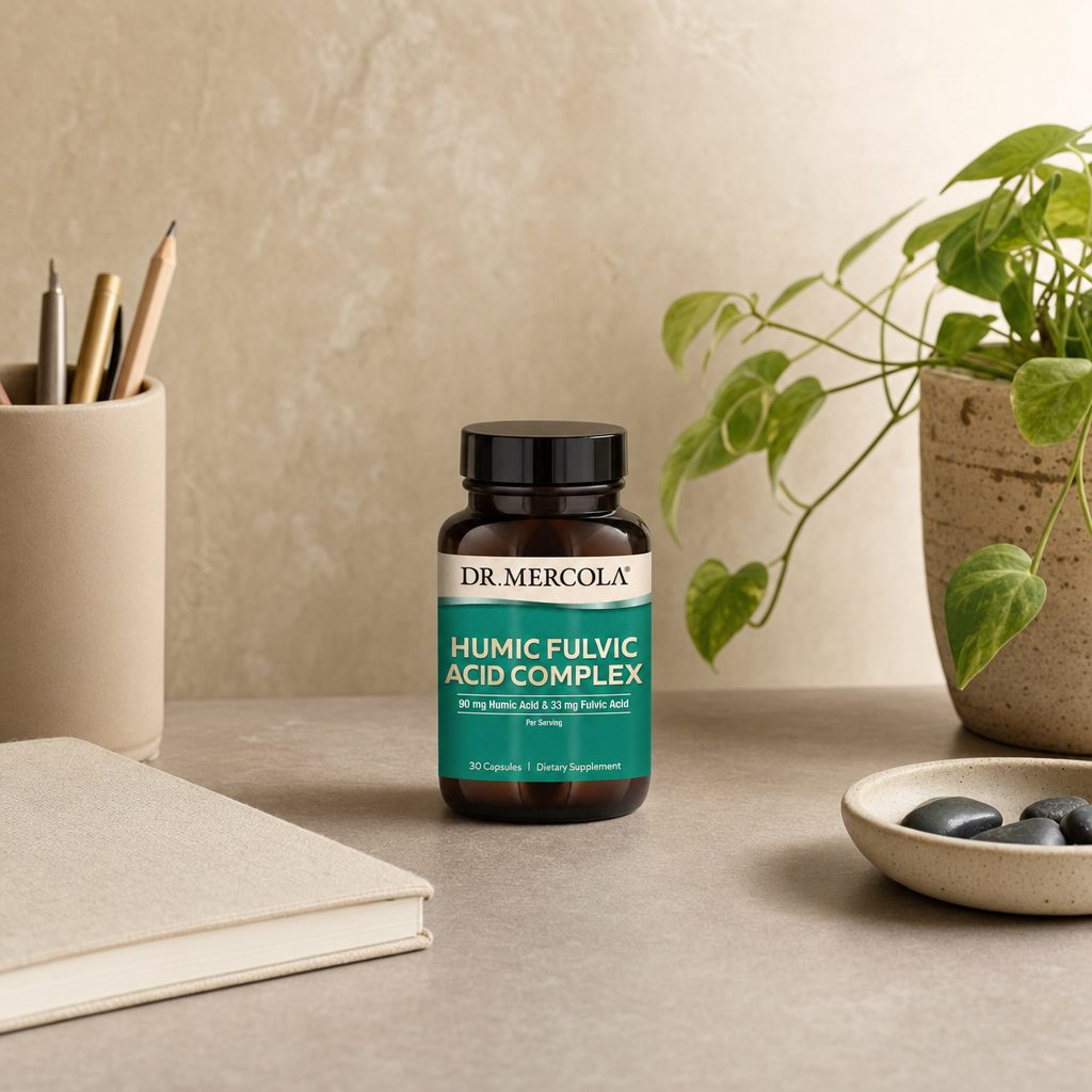 Dr. Mercola Humic Fulvic Acid Complex Capsules bottle with capsules on a kitchen counter