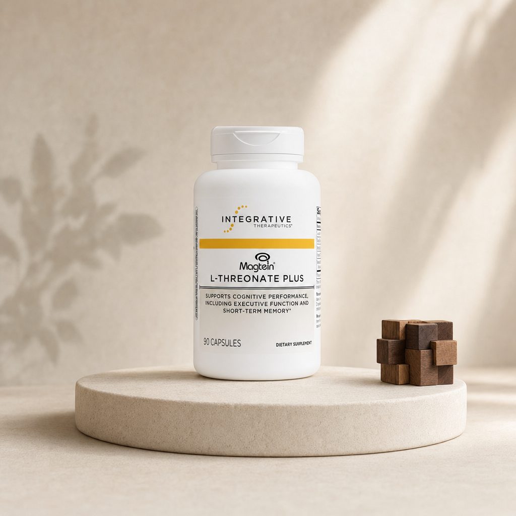 Integrative Therapeutics Magtein Plus bottle on a clean wellness counter