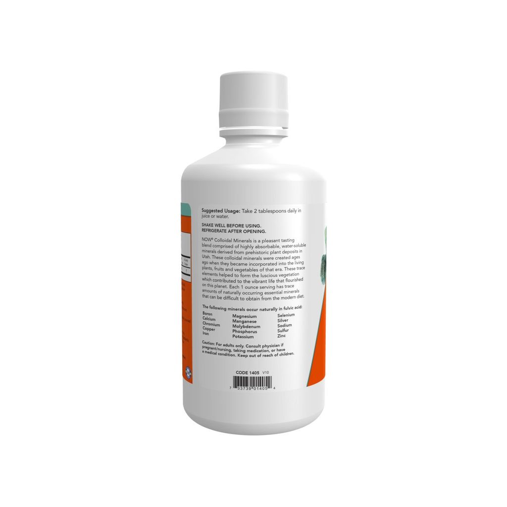 NOW Foods Colloidal Minerals supplement facts panel listing ingredients, dosage, and serving size