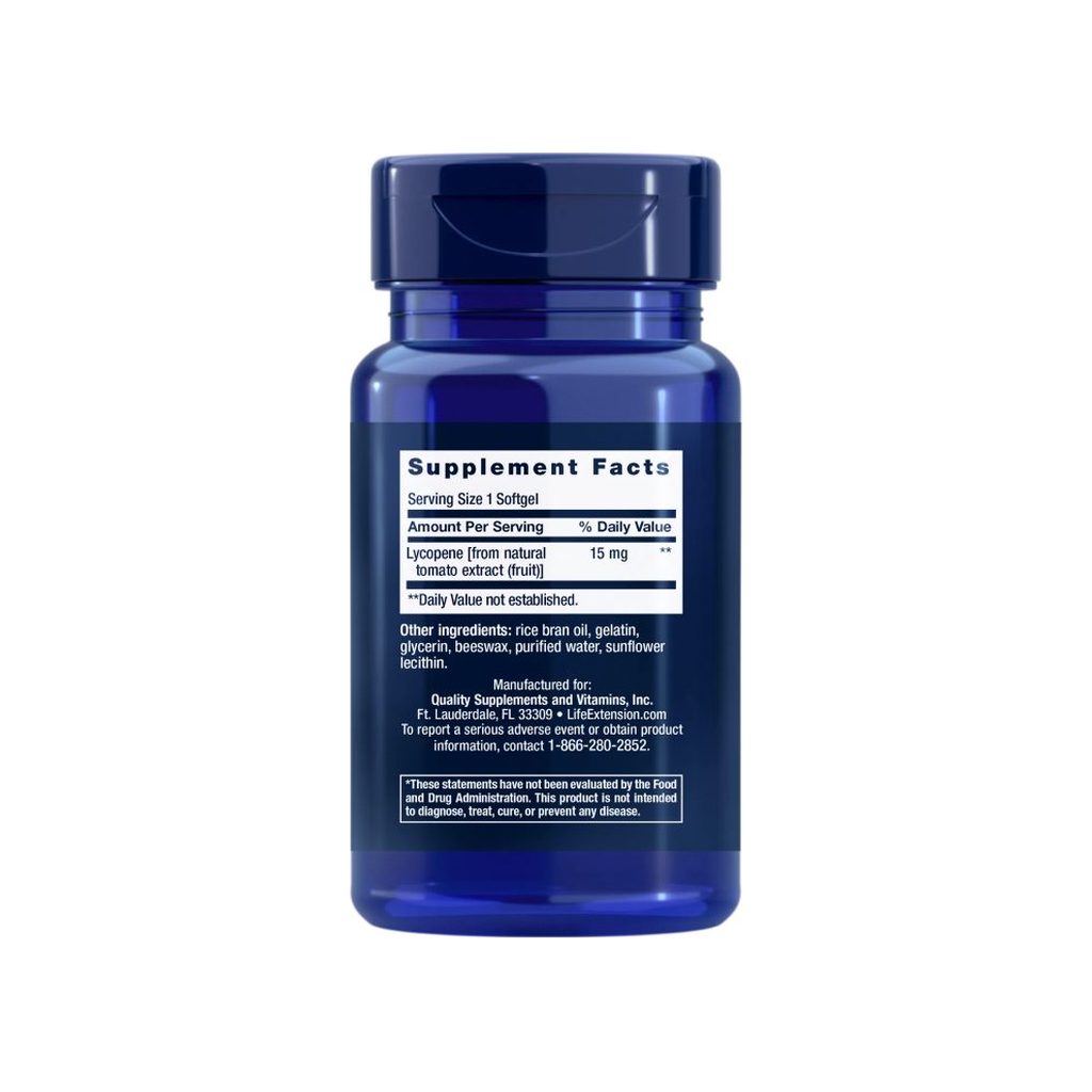 Life Extension Mega Lycopene 15 mg bottle back label with supplement facts panel