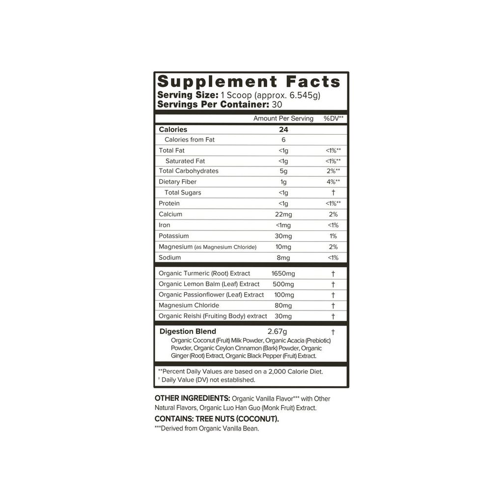 Organifi Gold supplement facts panel listing ingredients, serving size, and dosage