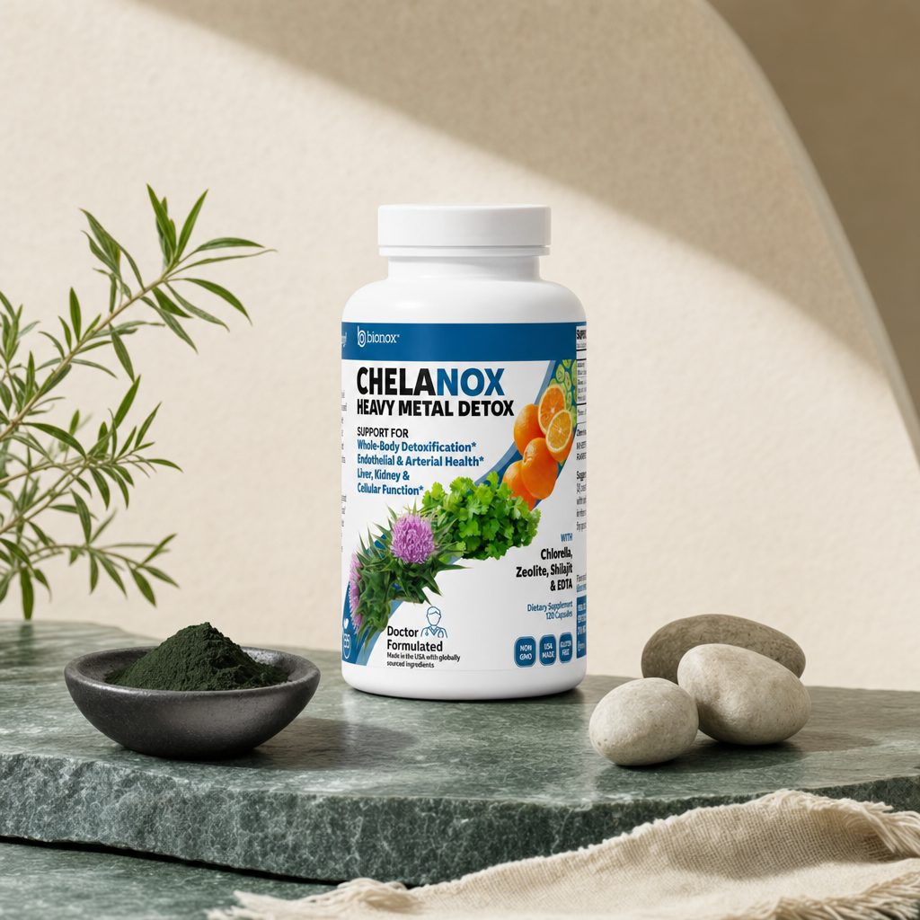 Bionox Chelanox Heavy Metal Detox capsules displayed beside the bottle