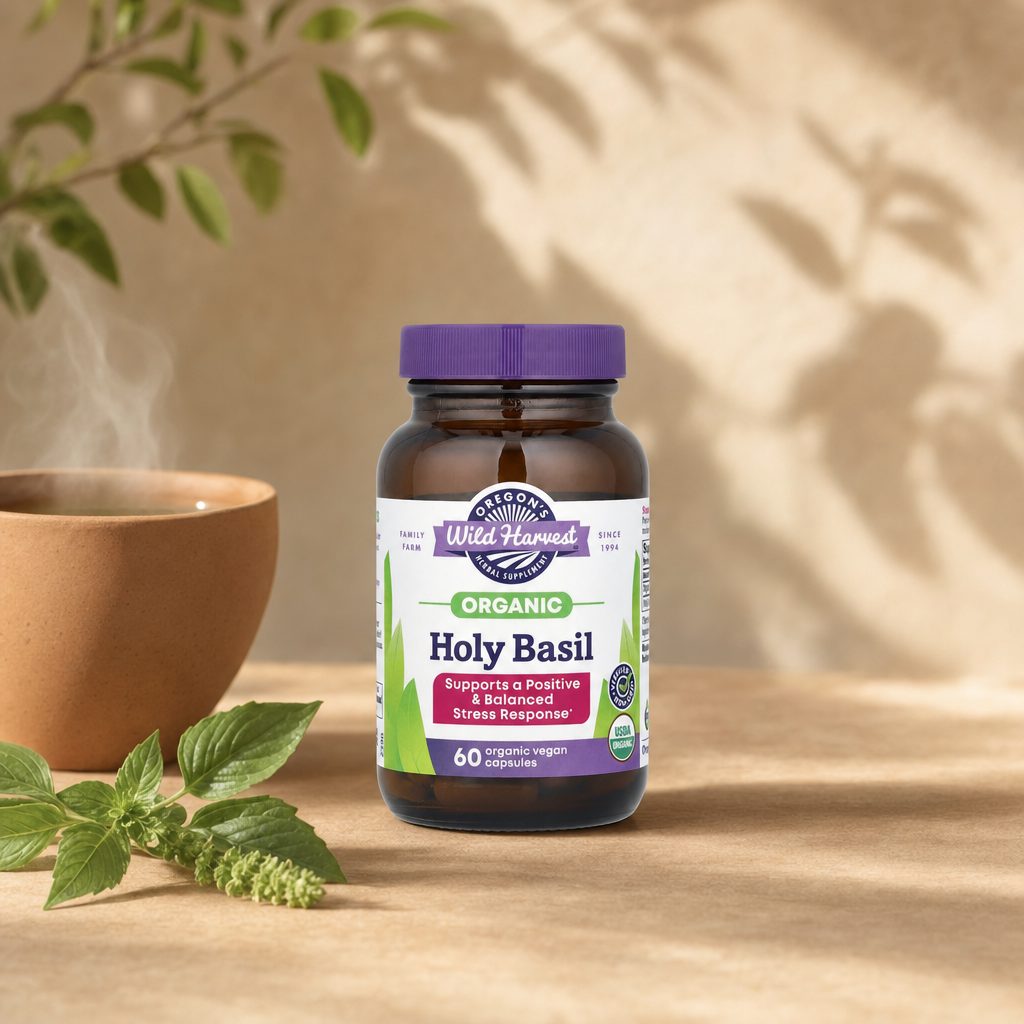 Oregon's Wild Harvest Holy Basil 60 capsules right-side bottle label with product details