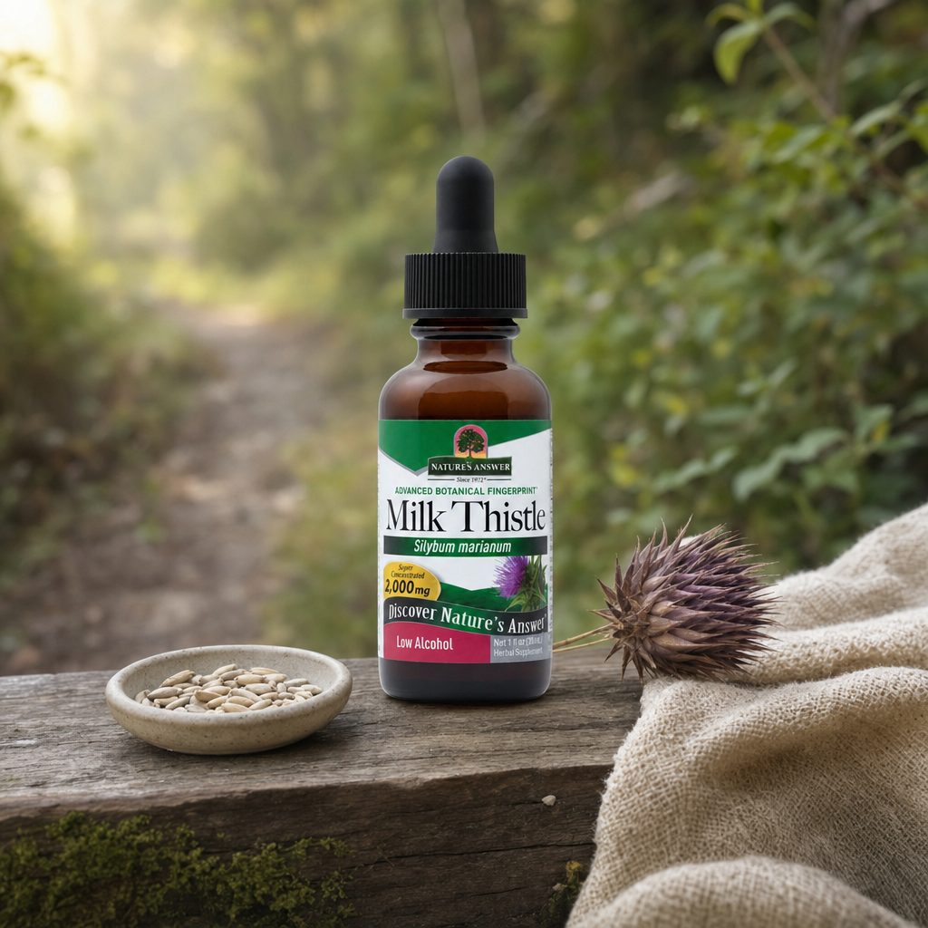 Nature's Answer Milk Thistle 1 oz bottle displayed with herbal wellness styling