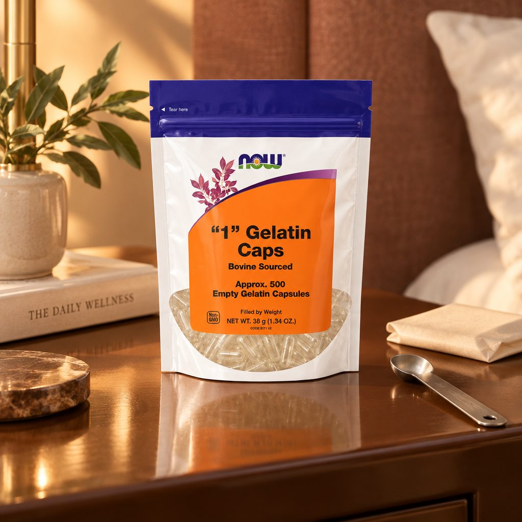 NOW Foods Empty Gelatin Capsules #1 pouch on a wooden nightstand beside a measuring spoon and books