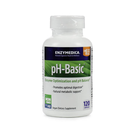White bottle of Enzymedica pH-Basic featuring green and navy branding, formulated for enzyme optimization and pH balance. Label highlights benefits like optimal digestion and metabolic support, with certifications for vegan, non-GMO, and NSF.