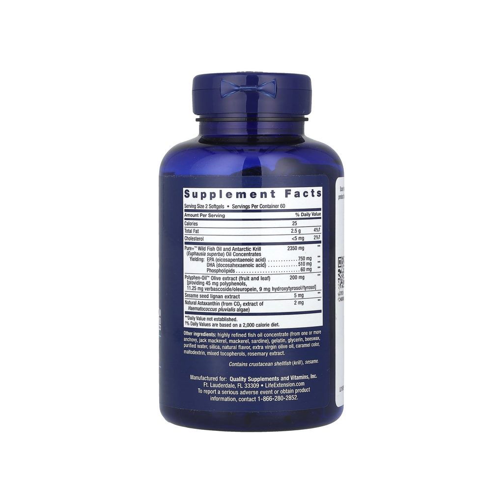 Life Extension Super Omega-3 Plus supplement facts panel listing ingredients, dosage, and serving size
