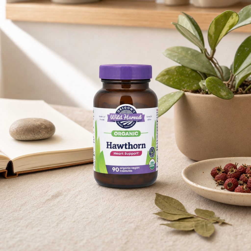 Oregon's Wild Harvest Hawthorn Capsules bottle side panel with product details