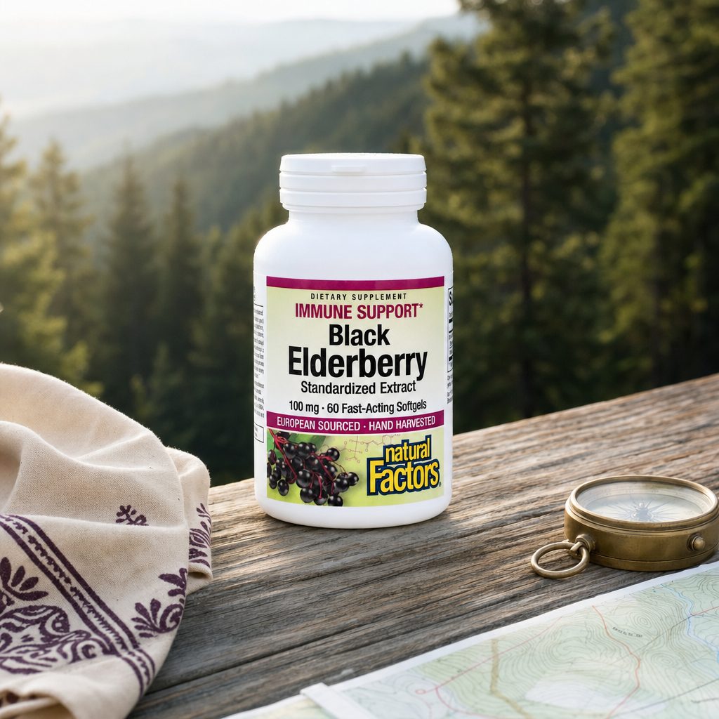 Natural Factors Black Elderberry Extract 100 mg bottle with elderberries in a wellness scene