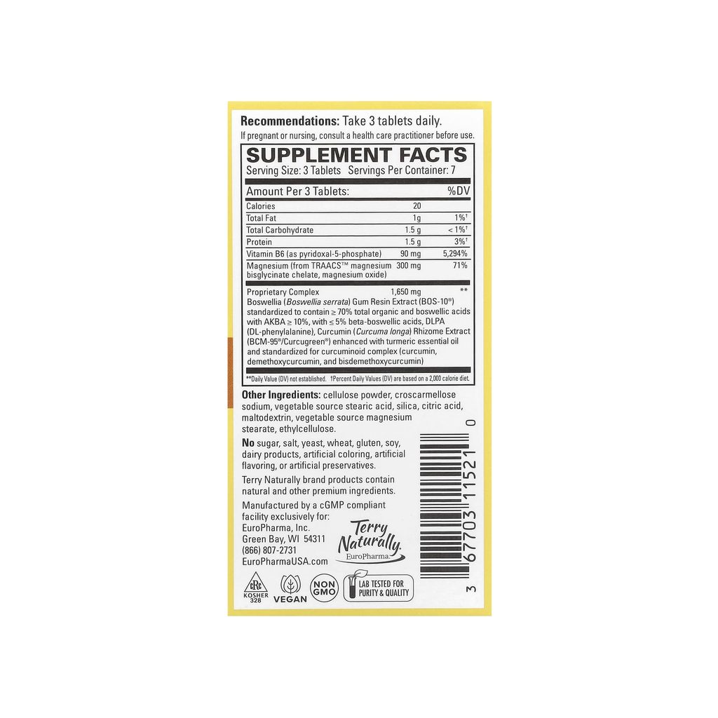 Terry Naturally Curamin Headache Relief supplement facts panel listing ingredients and serving size