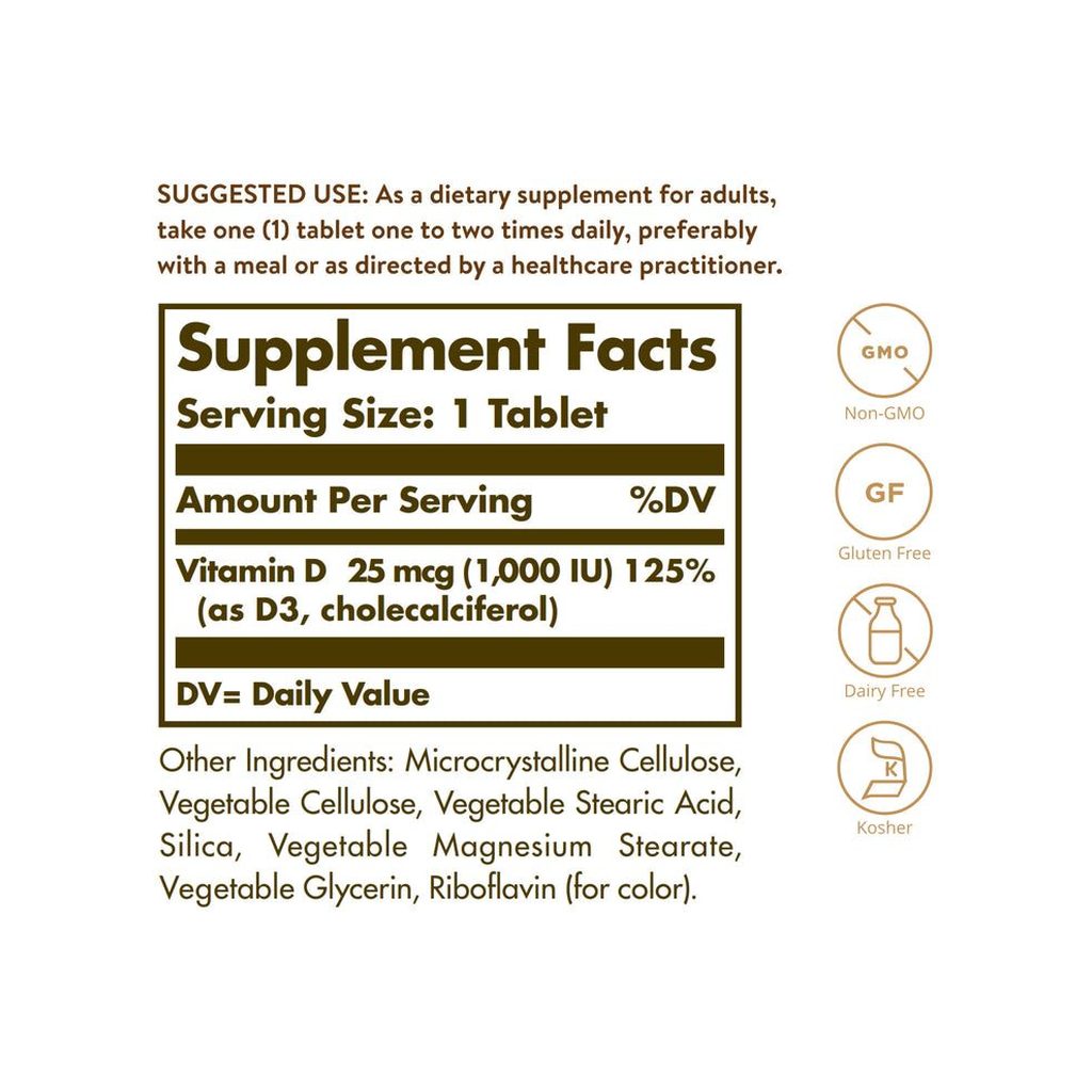 Solgar Vitamin D3 1000 IU 90 Tablets supplement facts panel listing dosage and ingredients