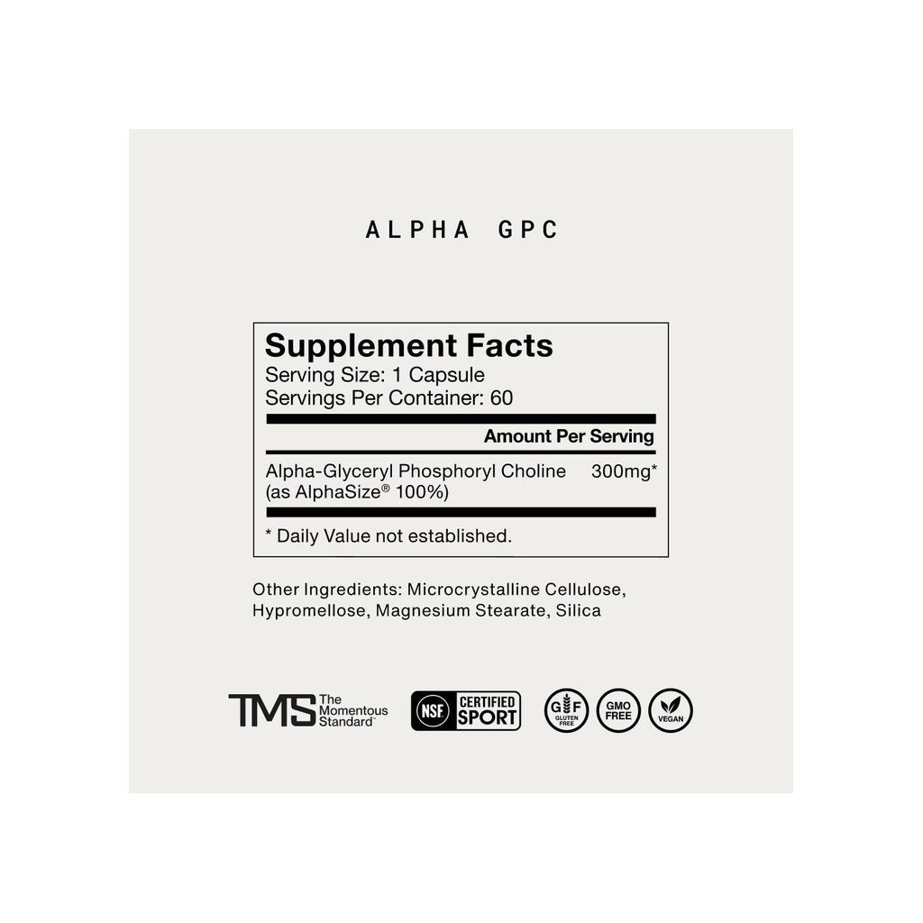 Momentous Alpha GPC Capsules supplement facts panel listing ingredients, dosage, and serving size
