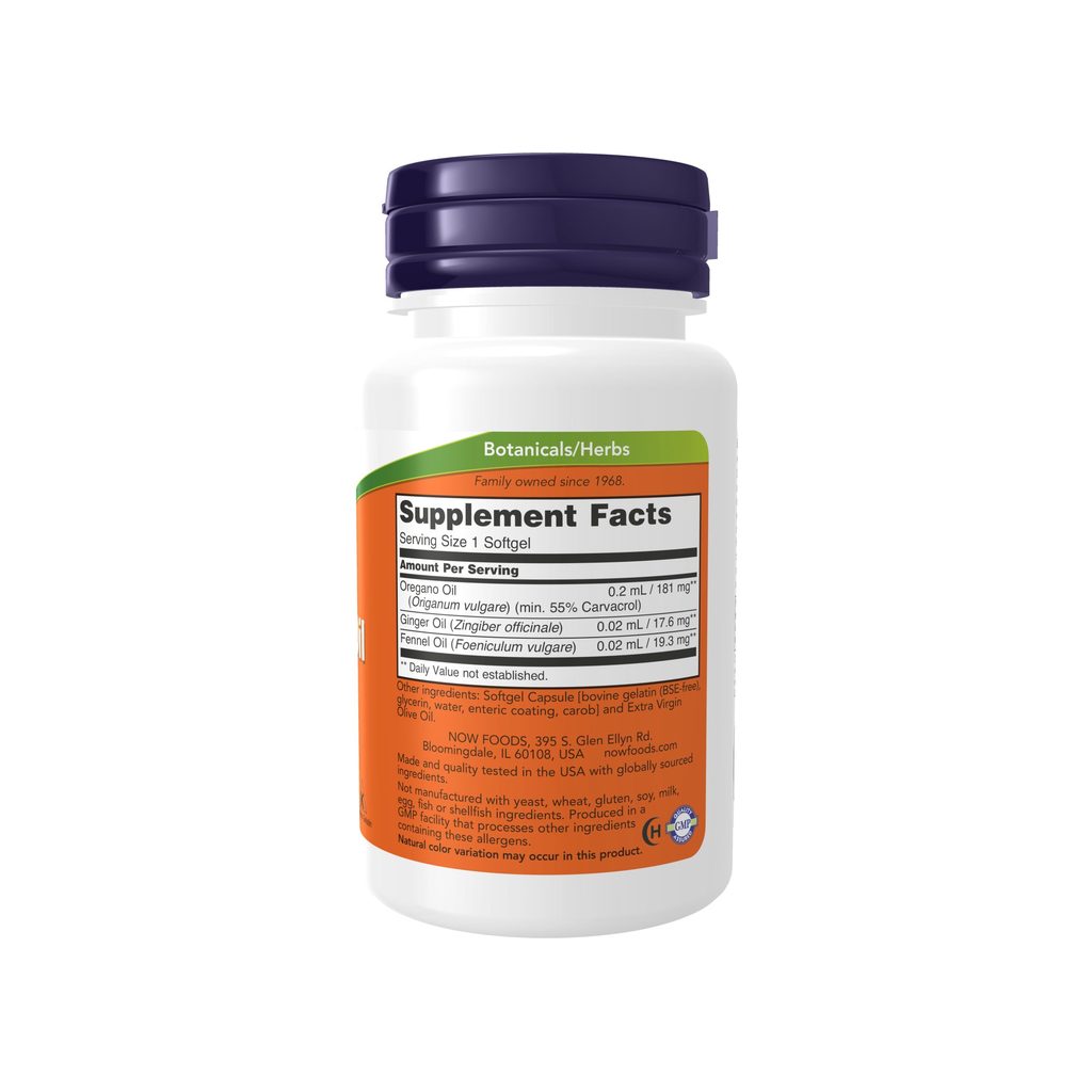NOW Foods Oregano Oil Softgels supplement facts panel listing ingredients, dosage, and serving size