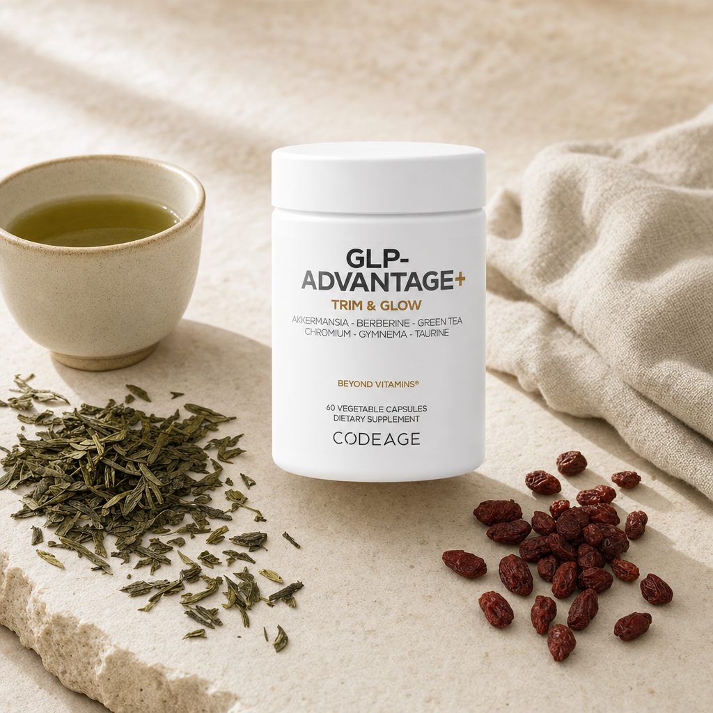 Codeage GLP-Advantage+ Capsules bottle with ingredient and formula highlights