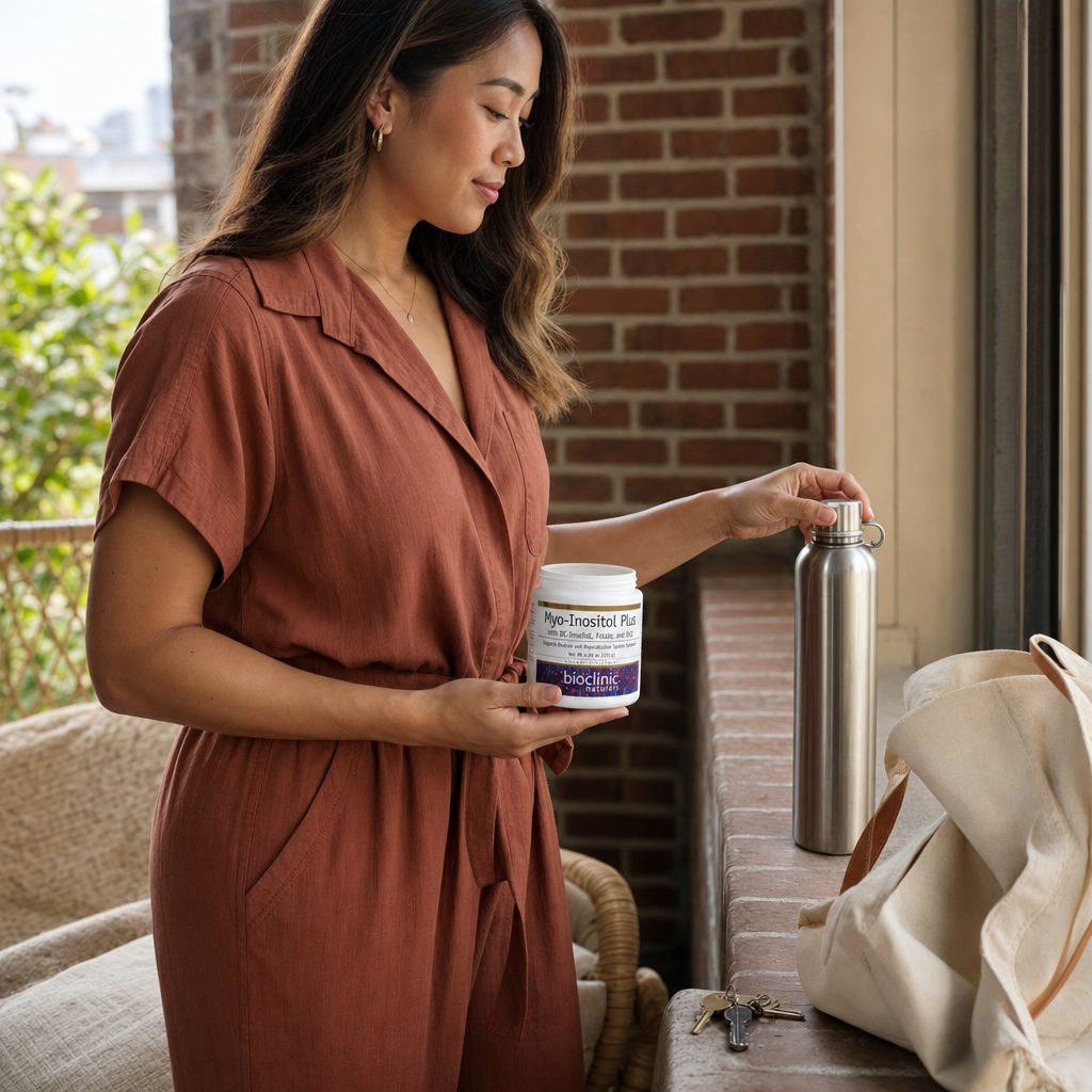 Woman stirring BioClinic Naturals Myo-Inositol Plus powder into water in a kitchen