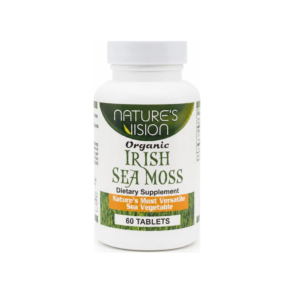 Nature's Vision Organic Irish Sea Moss 60 Tablets front bottle with green label