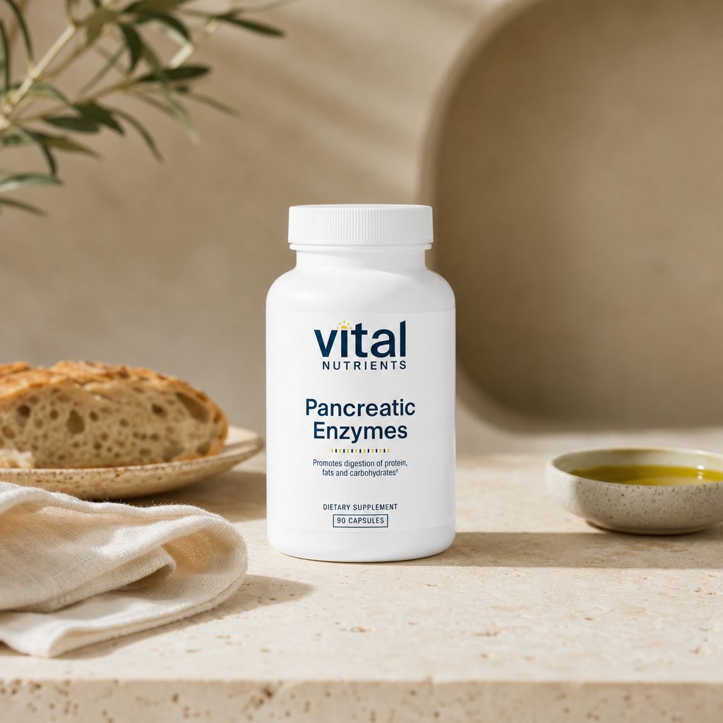 Vital Nutrients Pancreatic Enzymes 1000mg product slide with supplement facts callouts
