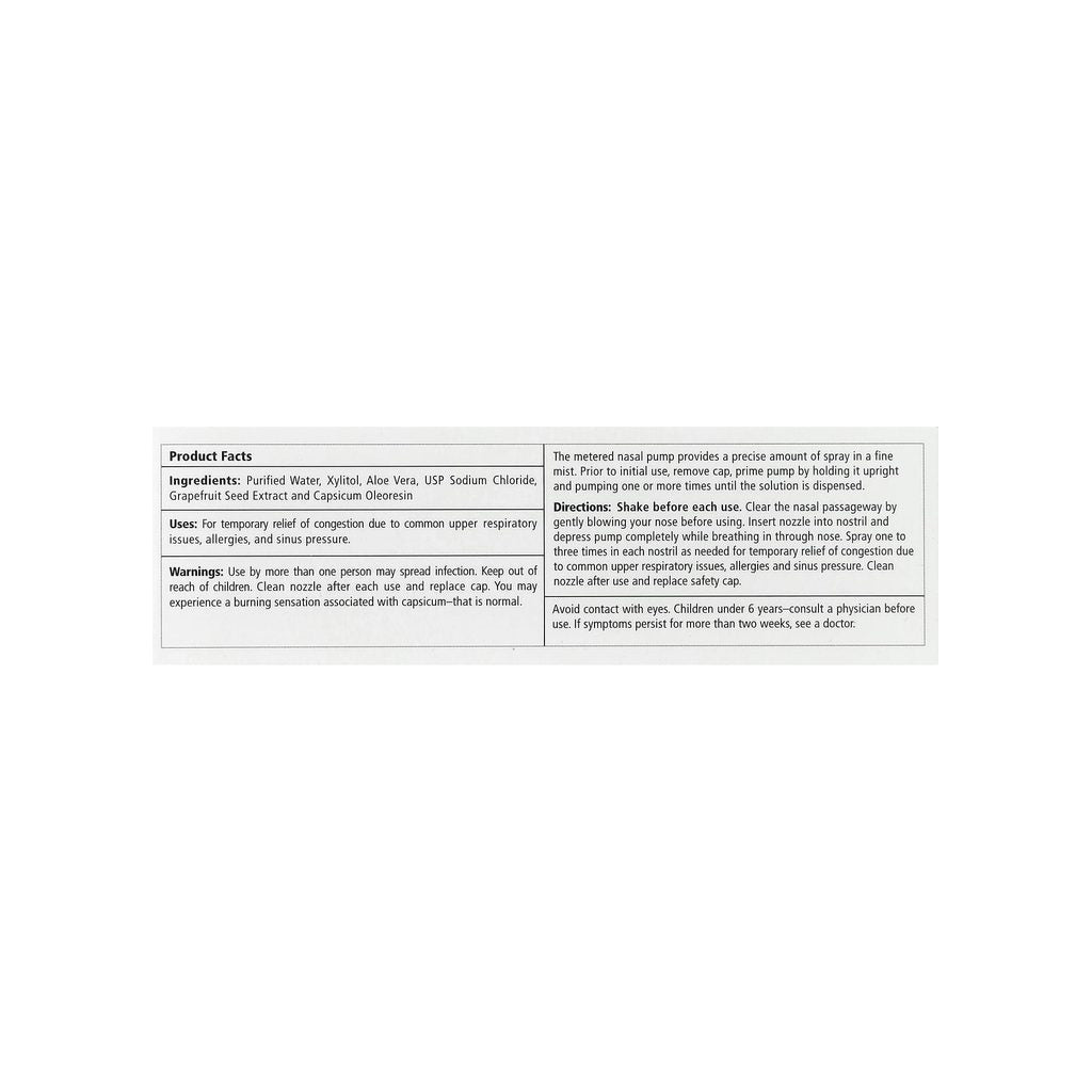 Xlear Max Saline Nasal Spray with Capsicum label panel listing ingredients, dosage, and warnings