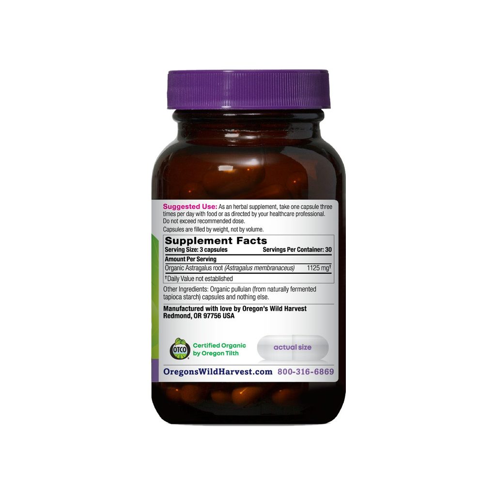 Oregon's Wild Harvest Astragalus Capsules supplement facts panel listing ingredients and serving size
