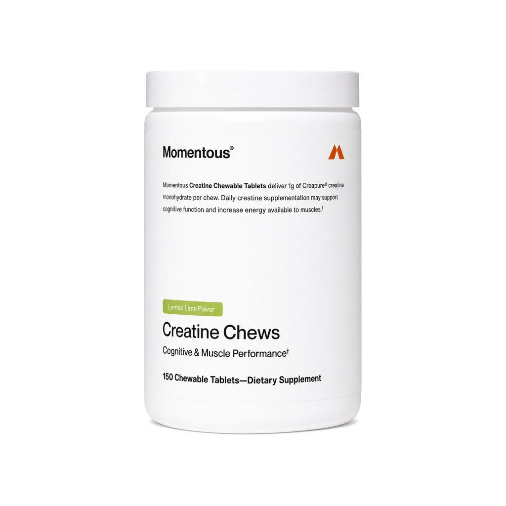Momentous Creatine Chews 150-tablet jar front label with flavor and creatine details