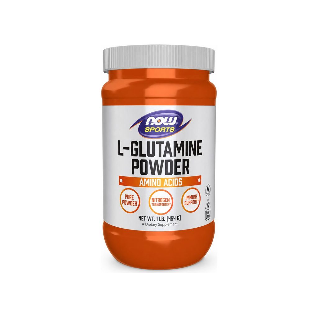 NOW Foods L-Glutamine Powder 1 lb front tub with orange and white sports nutrition label