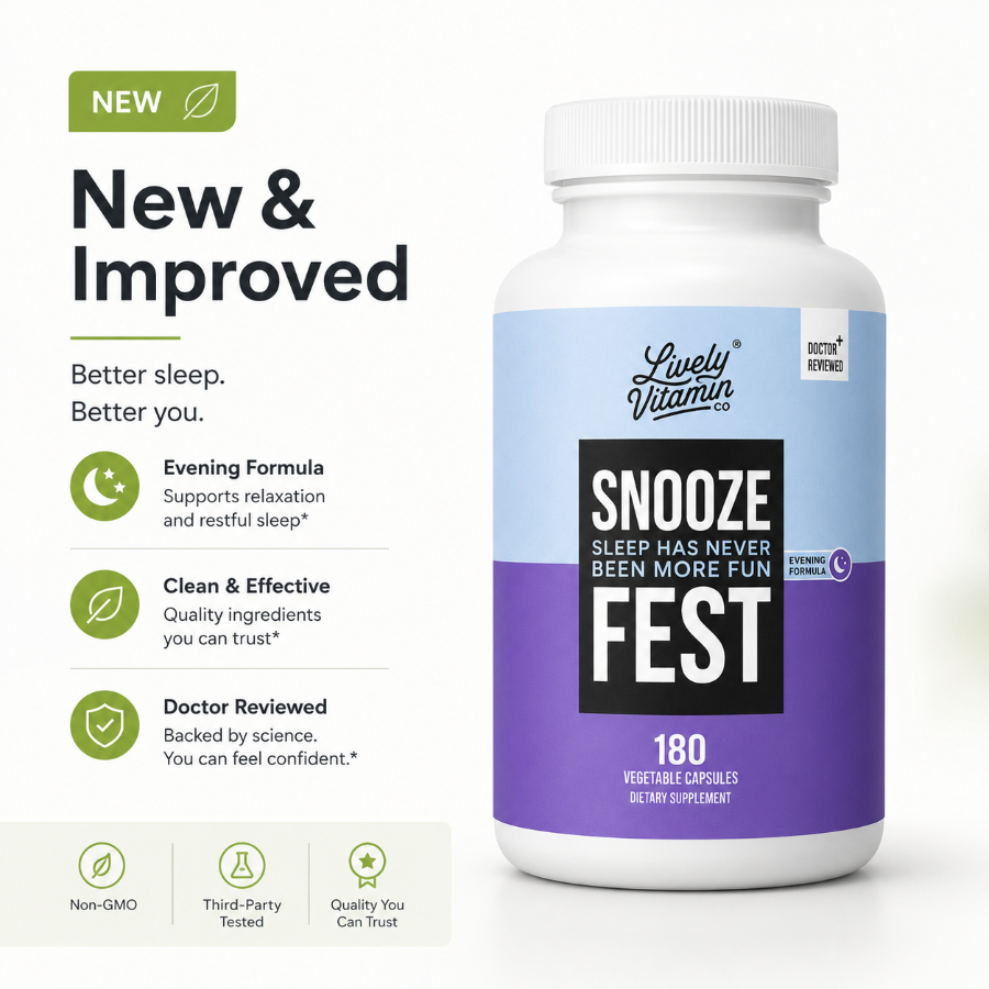 Lively Vitamin Co Snooze Fest sleep support supplement bottle with new and improved formula badge on a clean white background.