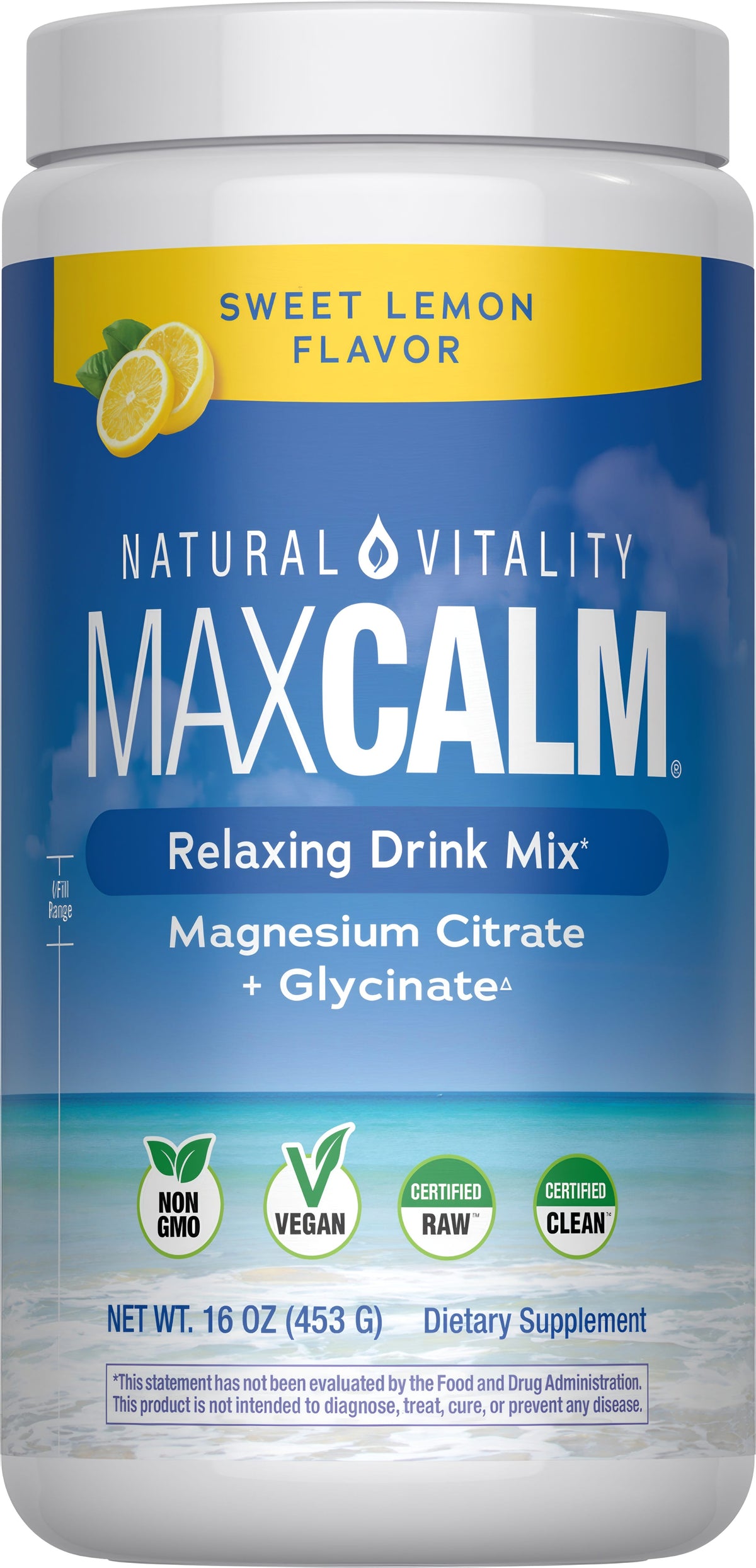 Natural Vitality MAXCALM Powder, Sweet Lemon 16 oz jar, new packaging
