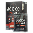 Jocko Time War Anti-Aging Daily Matrix 30 Packs dietary supplement displayed with an individual supplement packet in front. The black packet mirrors the box’s branding with the speedometer-inspired logo and key benefits like daily matrix support and anti-aging properties. Encourages direct purchase from JockoFuel.com with a discount offer.