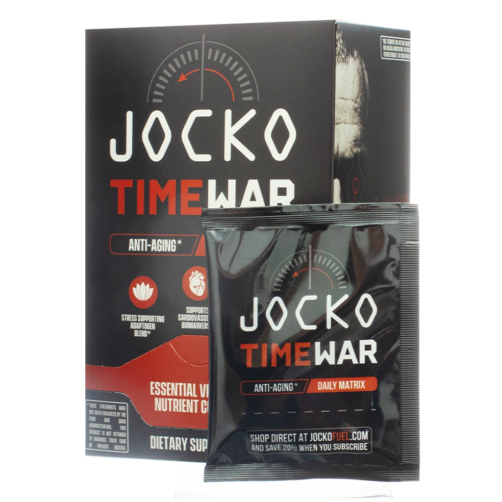 Jocko Time War Anti-Aging Daily Matrix 30 Packs dietary supplement displayed with an individual supplement packet in front. The black packet mirrors the box’s branding with the speedometer-inspired logo and key benefits like daily matrix support and anti-aging properties. Encourages direct purchase from JockoFuel.com with a discount offer.