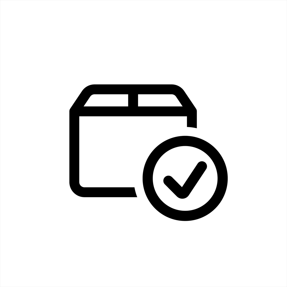 Black and white icon of a product package with a checkmark in a circle, symbolizing verified, approved, or quality-checked goods. The checkmark overlaps the lower right corner of the box.