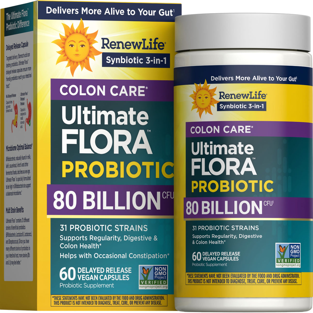 Renew Life Ultimate Flora Colon Care Probiotic Capsules 80 Billion CFU — 60 delayed release vegan capsules, Synbiotic 3-in-1 box and bottle