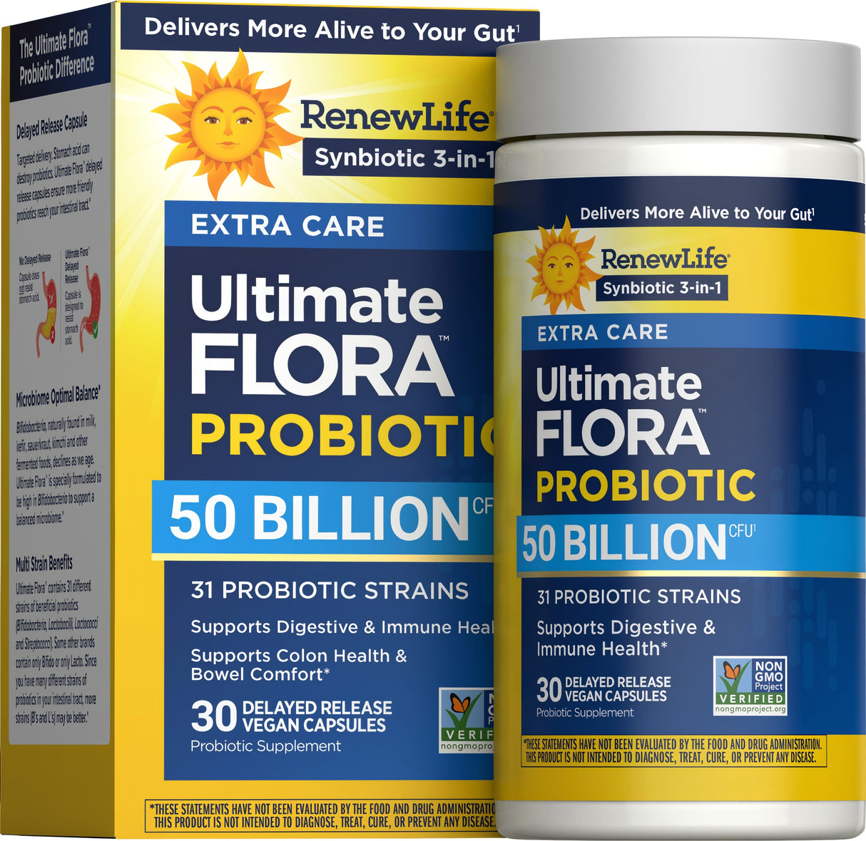 Renew Life Ultimate Flora Extra Care Probiotic Capsules 50 Billion CFU — 30 delayed release vegan capsules box, current packaging