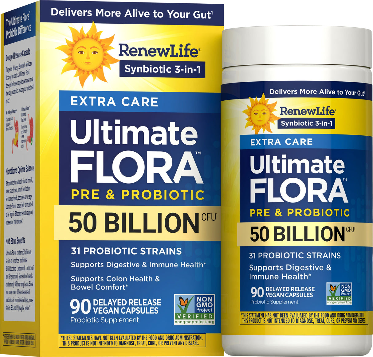 Renew Life Ultimate Flora Extra Care Probiotic Capsules 50 Billion CFU — 90 delayed release vegan capsules box, current packaging